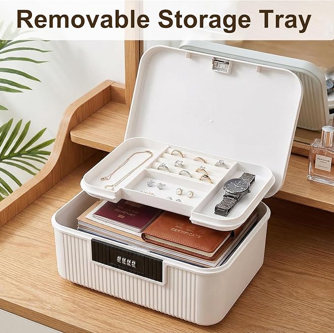 RUIAN Lockable Storage Container Bin, 2.3 Gallon Security Portable Combination Lock Plastic Box, Locked Security Box Suitable for Storing Important Items and Documents (Milk white)