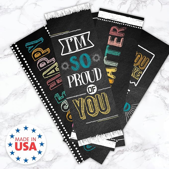Chalkboard Style Motivational Bookmarks / 24 Inspirational Phrase Quote Flat Card Set / 2" x 6" Cardstock Paper Classroom Reward Bookmark Pack/Made in The USA