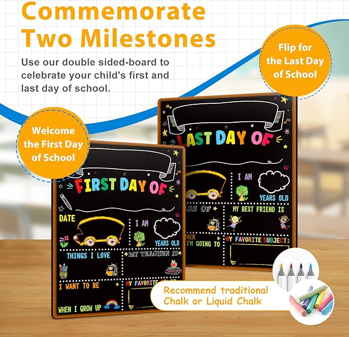 D4DREAM First Day of School Chalkboard Sign - 13.5''x10.5'' Double-Sided 1st First and Last Day of School Board with Paper Crown & Glasses Back to Schools Supplies for Kids Kindergarten