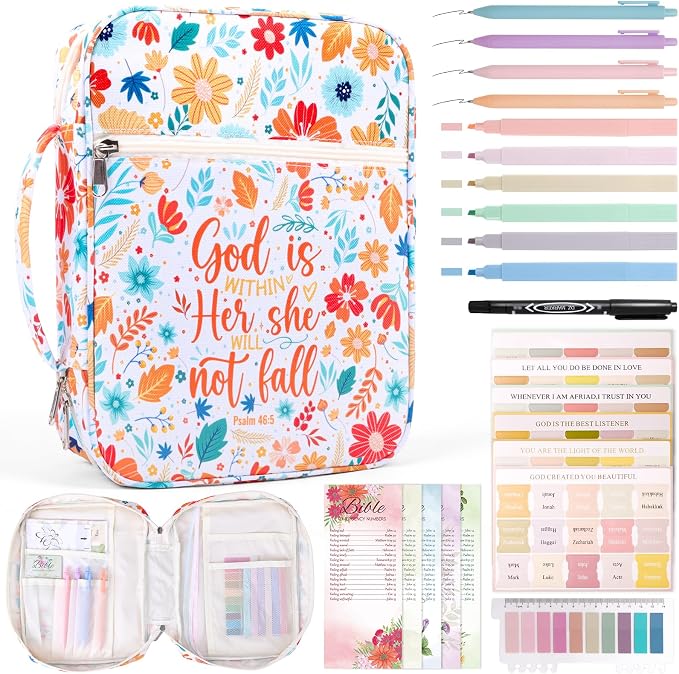 XKDOUS Bible Cover Case for Women Floral Pattern Bible Bag with Handle, Pens & Tabs, Study Supplies Carrying Case Organizer Portable Church Book Holder