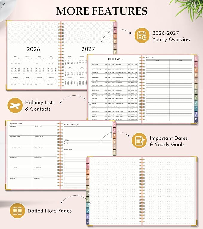 Academic Planner 2026-2027, Hardcover Leather Weekly and Monthly Calendar Planner from July 2026 - June 2027, A4 8.5" x 11" Daily Agenda with Tabs, College School Organizer for Student Teacher, Pink