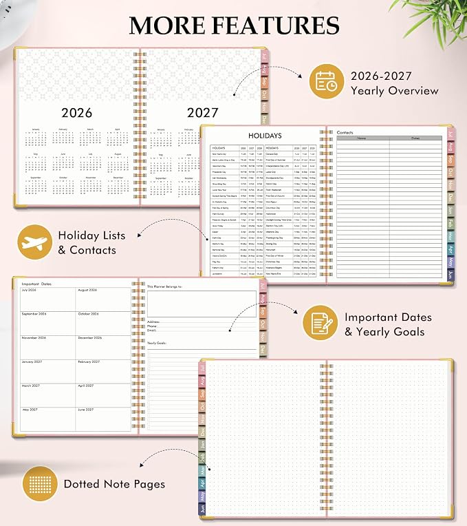 Academic Planner 2026-2027, Hardcover Leather Weekly and Monthly Calendar Planner from July 2026 - June 2027, A5 6.1" x 8.2" Daily Agenda with Tabs, College School Organizer for Student Teacher, Pink