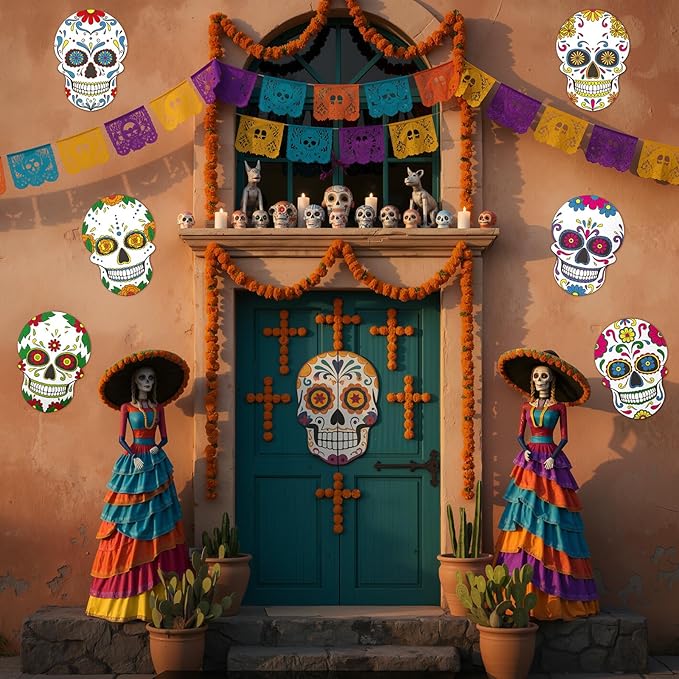 TaoBary 24 Pcs Day of The Dead Decorations Sugar Skull Cutouts Paper 7.09 Inch Dia De Muertos Party Decorations Sugar Skull Bulletin Board Decor for Mexican Halloween Classroom Altar Wall Crafts