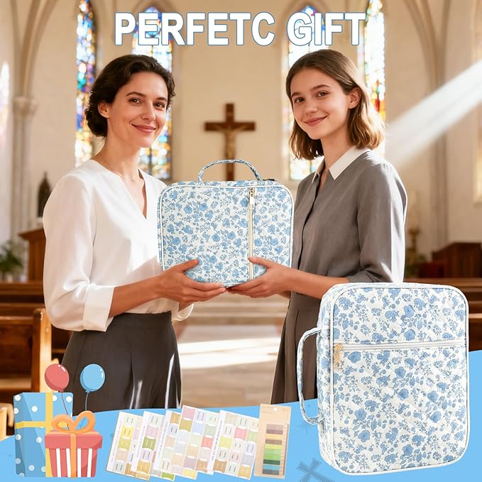 Zkptops Bible Cover Case for Women Girls Large Bible Bag Blue Cotton Quilted Floral Bible Carrying Case with Zipper Pocket and Handle Carrying Book Cover for Christian Study Supplies Christian Gift