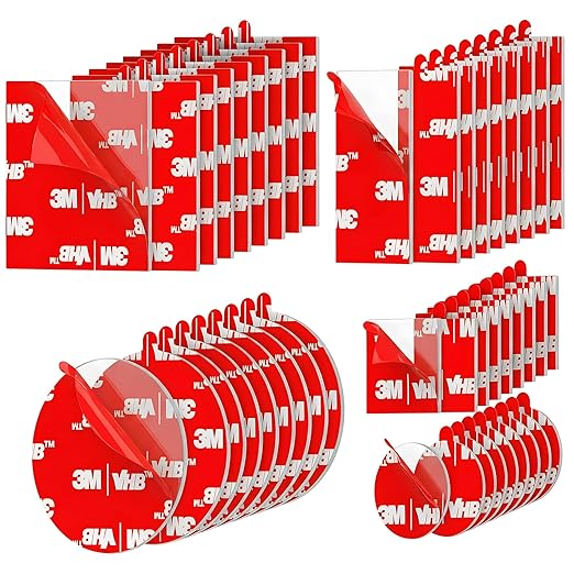 Double Sided Tape Heavy Duty 40 PCS Clear with Peeling Hook Tool Adhesive Pads 1“ and 2” Squares Dots Rectangles Pack Mounting Pads Waterproof Strong Adhesive for Automotive, Security Cameras, Mirrors