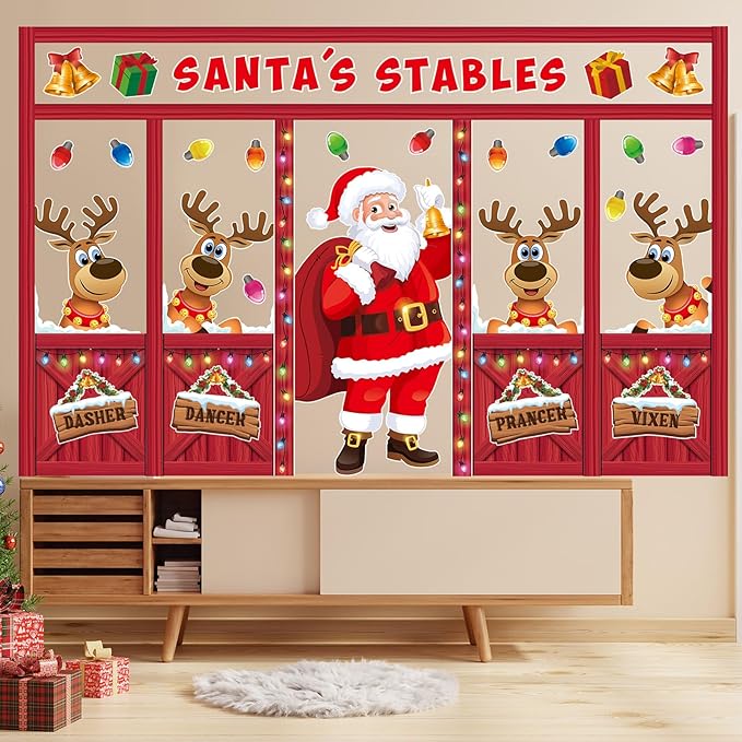 Christmas Bulletin Board Set Santa's Stables Classroom Decorations Santa Claus Reindeer Windows Xmas Gift Box Bells Lights Cutouts for Winter Holiday Office Home Door Wall Display