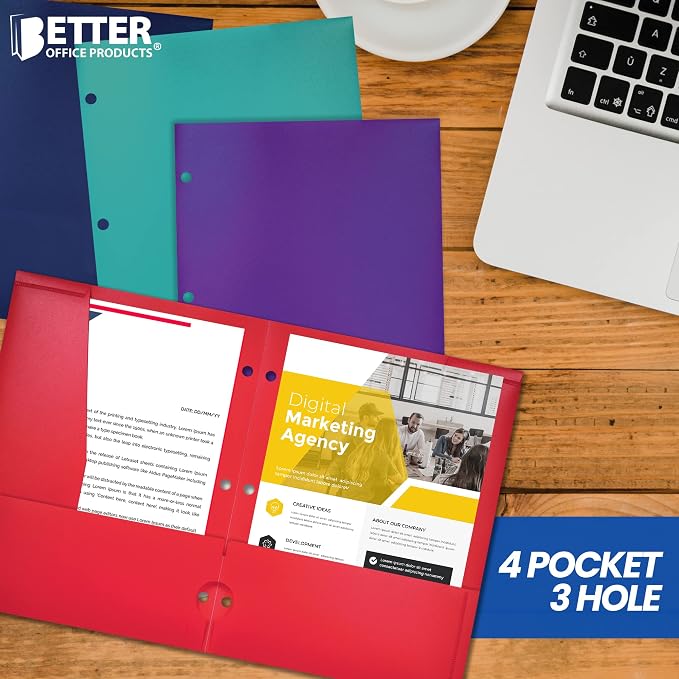Better Office Products 4 Pocket Plastic Folders (6 Pack), 3 Hole Punch, Extra Sturdy Plastic Folders, Assorted Primary Colors, Letter Size