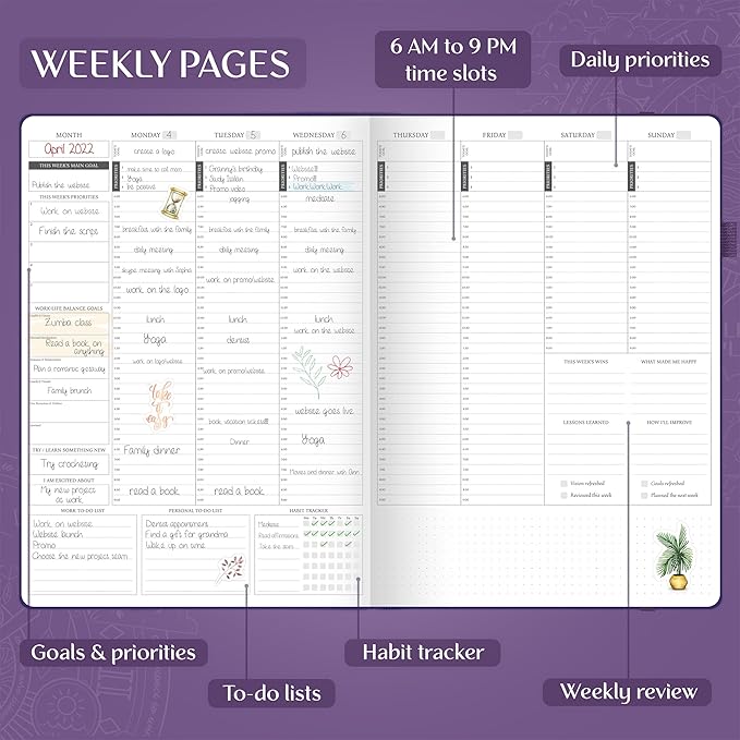 Legend Hourly Planner PRO Premium – Undated Schedule Planner with Time Slots – Weekly, Monthly & Daily Personal Organizer, A4 (Purple)