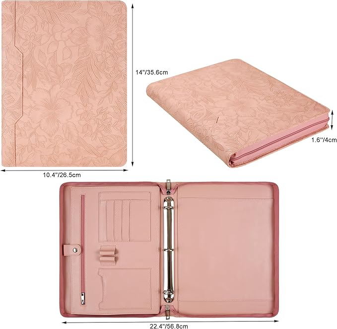 Vegan Leather Padfolio, 3 Ring Binder - Pink Padfolio with Pattern, Handmade Portfolio Organizer