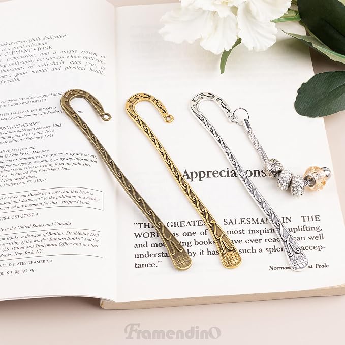 Framendino, 12 Pack Metal Bookmark Antique Tibetan Carved Hook Bookmarks with Loop for Crafting (4 Colors)