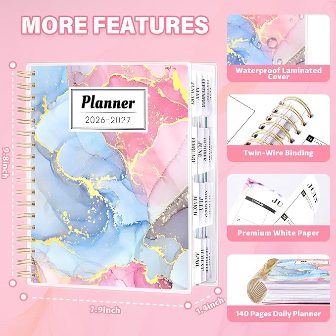 Planner 2026-2027, Large 18 Months Academic Daily Weekly Monthly Planner Yearly Agenda Jan. 2026–June. 2027, 7.9" x 9.8", Page Tabs, Separator Page, Pocket Folder, Bookmark, Stickers, Sticky Note Set