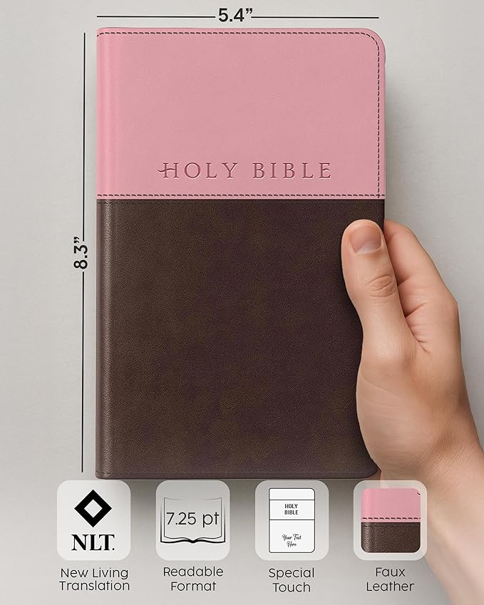 Personalized NLT Bible with Engraved Name, Pink and Dark Brown TuTone Faux Leather, New Living Translation Gift Bible