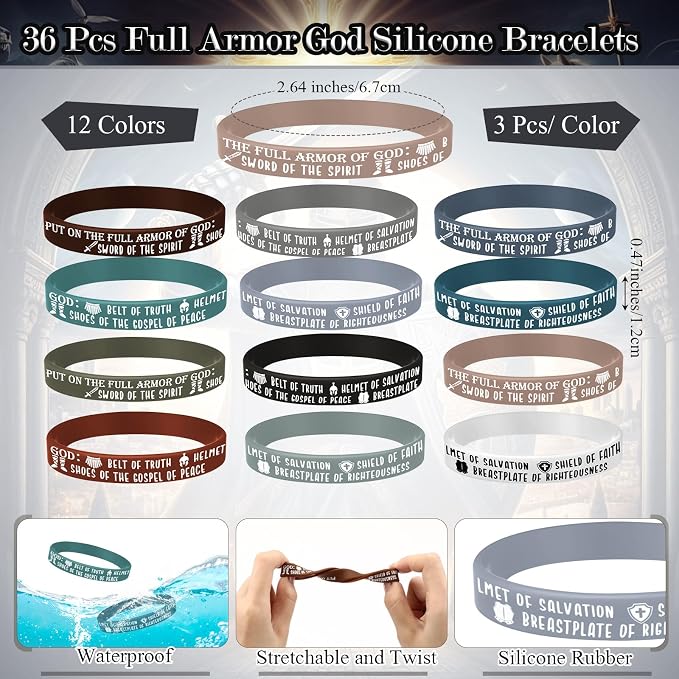 Wavwavw 36 Sets Put on The Full Armor of God Gifts Bulk Christian Fathers Day Bible Verse Wristband Bracelets Bookmarks Templar Knight Religious Supplies for Sunday School (Multicolor)