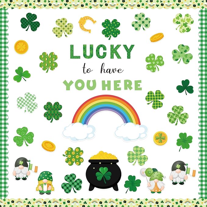 145Pcs St. Patrick's Day Bulletin Board Classroom Decoration Lucky to Have You Here Cutouts Irish Shamrock Gnome Name Tags Green Plaids Border Trim School Chalkboard Home Wall Door Party Decor