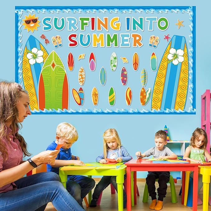 Summer Classroom Bulletin Board Decorations Surfboard Surfing Bulletin Board Set Surfing Into Summer Paper Cutouts for Surfboard Sign Teacher SClassroom School Home Kindergarten Supplies