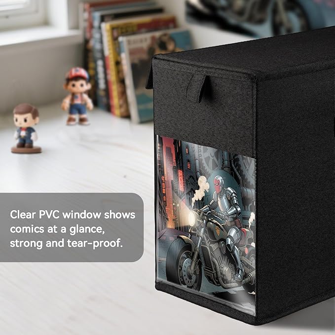 3 Pack Comic Book Storage Box with Lid for Modern Age, Collapsible Magazine Organizer with Clear Window, Black