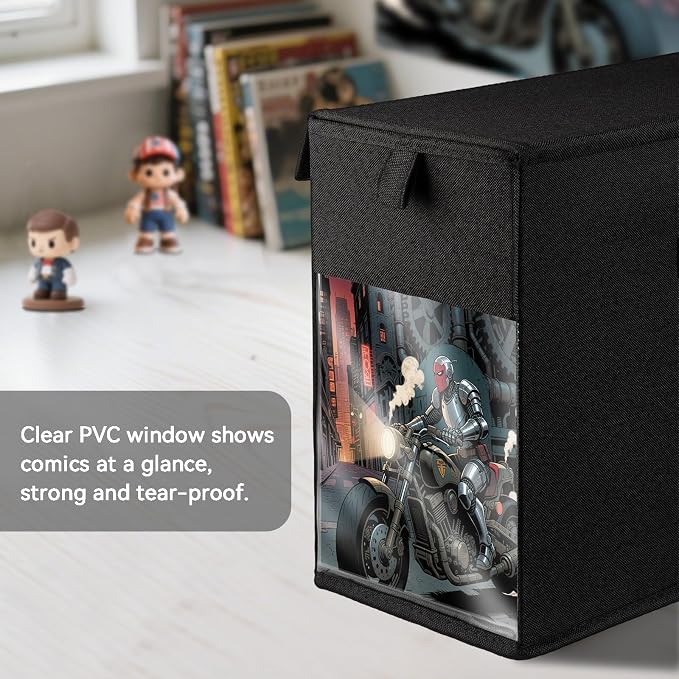 4 Pack Comic Book Storage Box with Lid for Modern Age, Collapsible Magazine Organizer with Clear Window, Heavy Duty Case Container Holder, Black