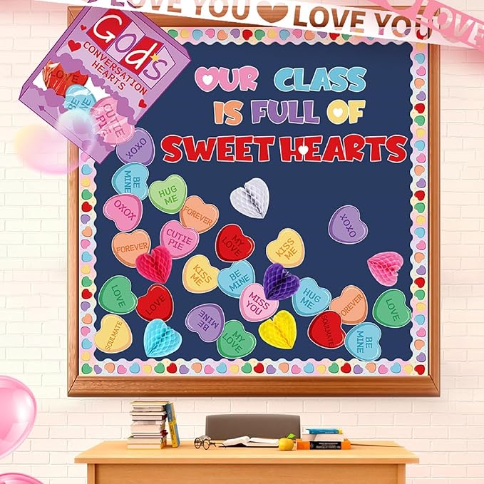 Pasimy Christian Valentine Bulletin Board Decorations God's Conversation Hearts Valentine's Day Classroom Decor 3D Heart Honeycomb Cutouts Sweet Borders for Church Office Wall Window Party Supplies