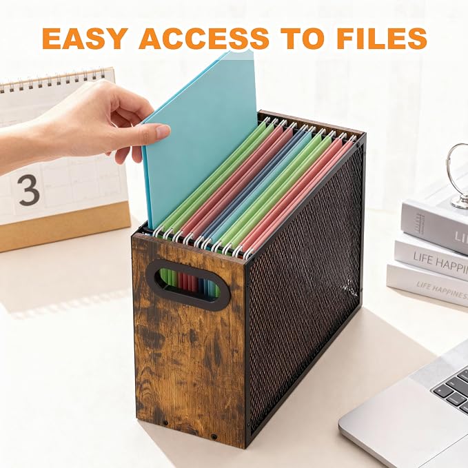 Piskyet Wooden Hanging File Organizer for desk, Metal Mesh File Folder Organizer Crate Cabinet Storage Box with Handle for Home Office Desk,Letter - Size,Rustic Brown