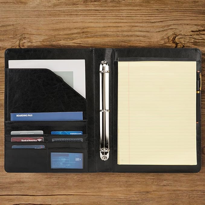 Vegan Leather 3 Ring Binder, 8.5 x 11 Letter Size Folio with Pen Holder, Soft Notebook Portfolio Cover, Slim Notepad Padfolio Thin File Organizer for Work Executive Meeting, Black
