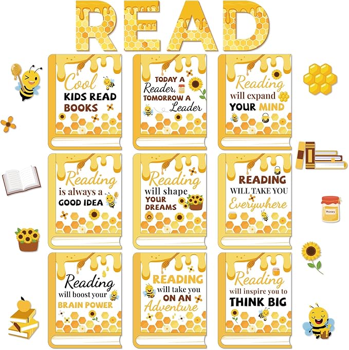 Qyeahkj Bee Reading Bulletin Board Poster for Classroom Motivational Bulletin Board Bumble Bee Sunflower Cutouts Elementary Educational Prints Poster for Teachers Kindergarten Preschool Library