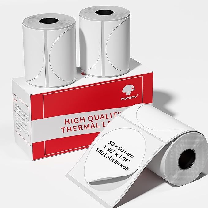 3 Roll Self-Adhesive Round Circle Thermal Labels for Phomemo M110/M220/M100/M250/M102/M221 Label Printers,1.96"（50 mm）,Multi-Purpose Thermal Stickers,Black on White,140Labels/Roll