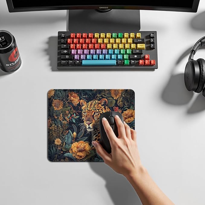 Maximalist Tropical Jungle Tiger Mouse Pad, Tiger Lover Gifts for Women Men, Botanical Wild Animal Tiger Mouse Pad for Home Office Computer Gaming Desk Essentials, 9.5x7.9 Inch