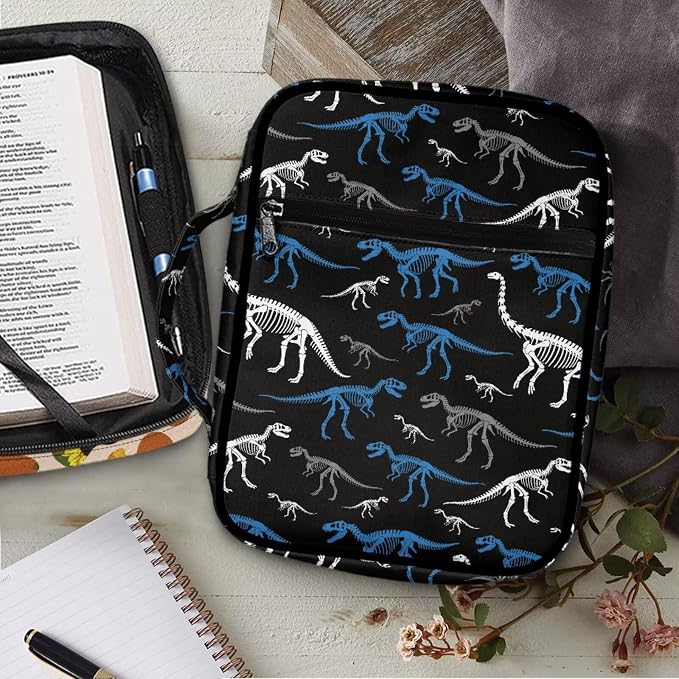 Coldinair Dinosaur Print Bible Cover for Kids Boy,Cool Bible Case Bible Carrier Carrying Organizer Purse Handbag with Zipper Pockets Protective Church Bag with Multi Pocket