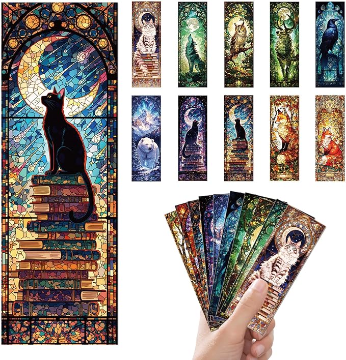 10 Pcs Stained Glass Animals Bookmarks, Fantasy Animals Transparent PVC Bookmark Bulk for Women Man, Cute Fox Cat Book Mark for Reading Lovers Accessories Gifts