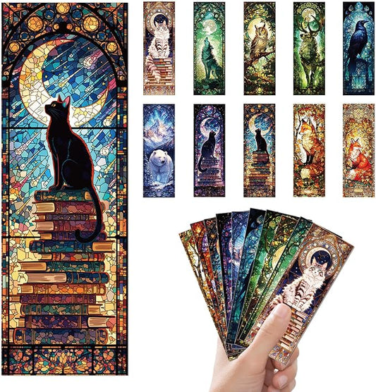 10 Pcs Stained Glass Animals Bookmarks, Fantasy Animals Transparent PVC Bookmark Bulk for Women Man, Cute Fox Cat Book Mark for Reading Lovers Accessories Gifts