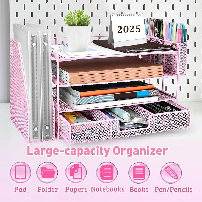 ATOMUS 4 Tier Desk Organizer, File Organizer Drawer Organizer with 2 Hanging Pen Holders Accessories & Workspace Organizers for Office Supplies Pull-Out Design (Pink)
