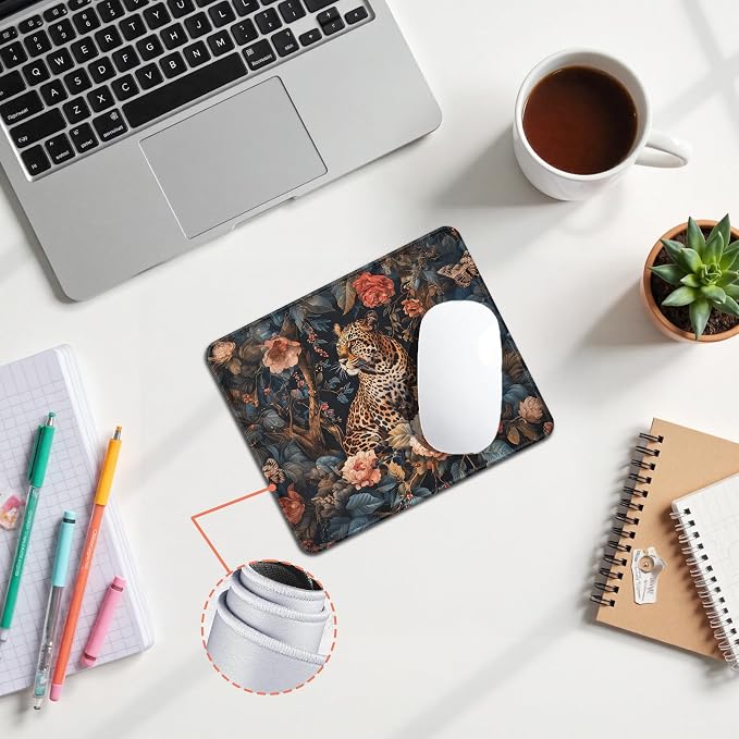 William Morris Inspired Floral Leopard Mouse Pad, Maximalist Wild Animal Cheetah Mouse Pad for Home Office Computer Gaming Desk Accessories, Leopard Cheetah Gifts for Women, 9.5x7.9 Inch