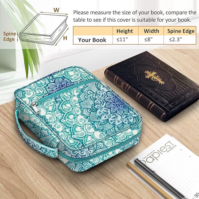 FINPAC Bible Cover, Carrying Book Case Church Bag Bible Protective with Handle and Zippered Pocket, Gift for Mother Lady Women Men, Emerald Illusions
