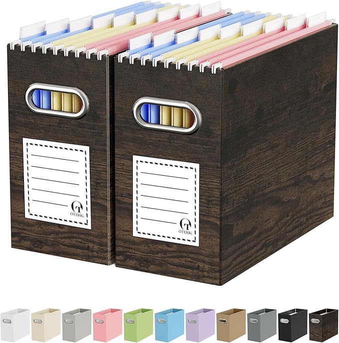 Oterri File Organizer Box, Portable Collapsible Cardboard File Folder Organizer with Handle for Letter Size Hanging Files,for Home Office & Classroom (2 Packs, Brown Wood Grain Print)