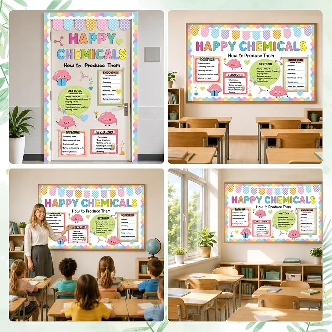 Mental Health Bulletin Board Set Happy Chemicals Poster Classroom Decoration Back to School Pastel Bulletin Boards Mental Wellness Paper Cutouts for Nurse Teacher Office Home Chalkboard Wall Decor