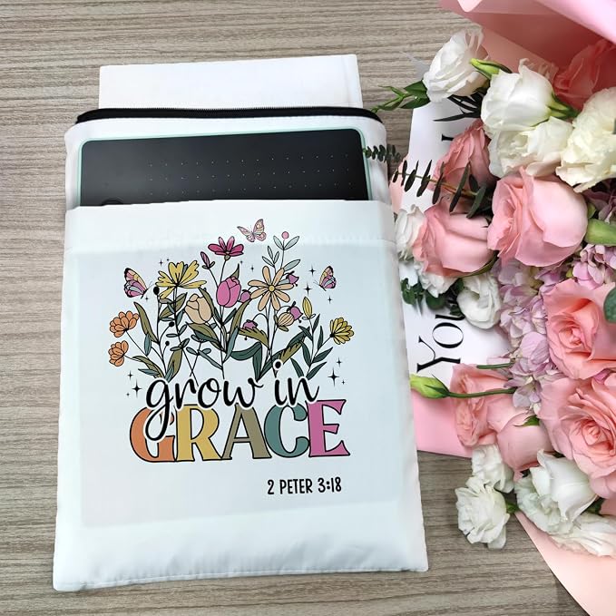 Christian Book Sleeve, Book Covers for Paperback, Book Lover Gifts, Bookish Gift, Inspirational Quote Book Pouch for Girl Women 11.4 x 9.05 Inch- Grow in Grace