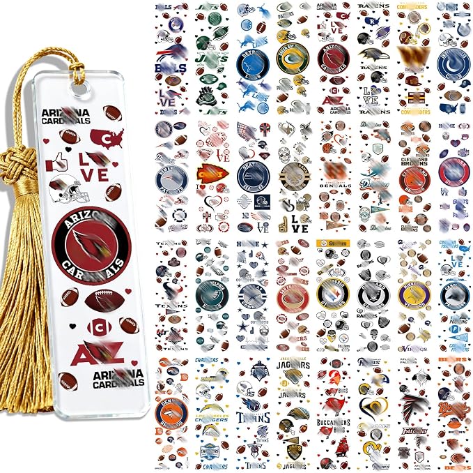 32 Pcs Rugby Football Gameday Waterproof UV DTF Bookmark Wraps, Acrylic Bookmark Blanks UV DTF Stickers, Football Team Rub on Transfers Stickers Decals for Book Lover DIY(Stickers Only)
