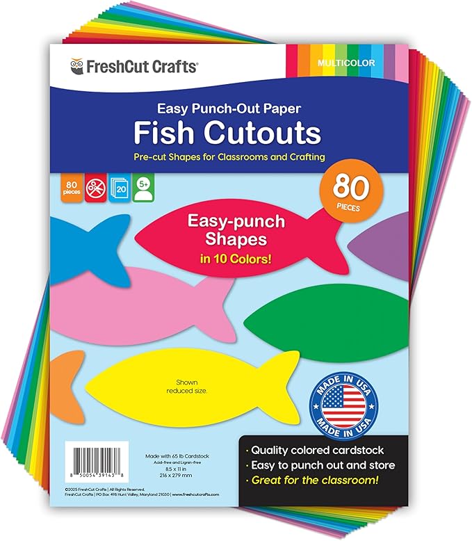80 Pieces Paper Fish Cutouts, Ocean Animal Shapes for Kids Crafts, Under The Sea Decorations, Classroom Bulletin Boards, Summer Camp Activities, Bright Double Sided Cardstock, USA Made