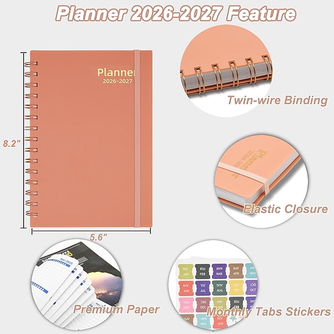 2026-2027 Day Planner, Weekly & Monthly Planner from Jan 2026-Jun 2027, 18 Month Calendar Planner, Agenda 2026 with Tabs Stickers, A5 Size, Pink