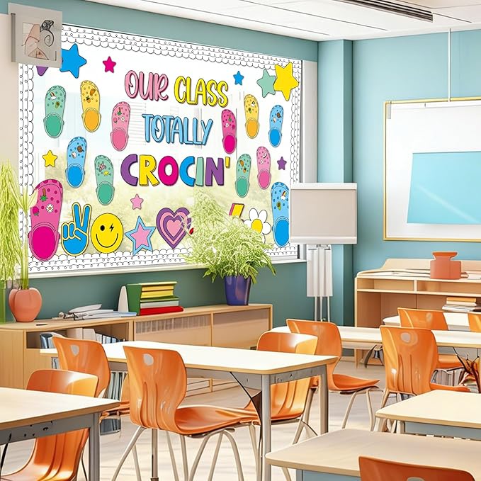 Summer Bulletin Board Decoration Summer Classroom Bulletin Board Set Our Class Totally Crocin' Retro Colorful Shoe Charms Paper Cutouts for Back to School Supplies Classroom Chalkboard Wall Door Decor