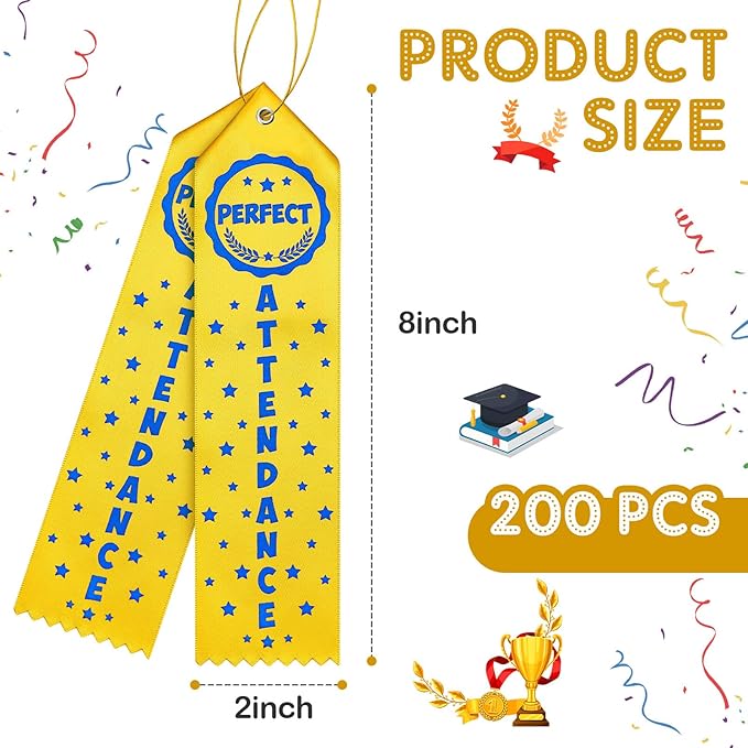 Taiyin 200 Pcs Award of Perfect Attendance Award Ribbons Prize Perfect Attendance Ribbon with Event Card and Rope for Kids Competition, Sports Event, Contests, School, Office Team