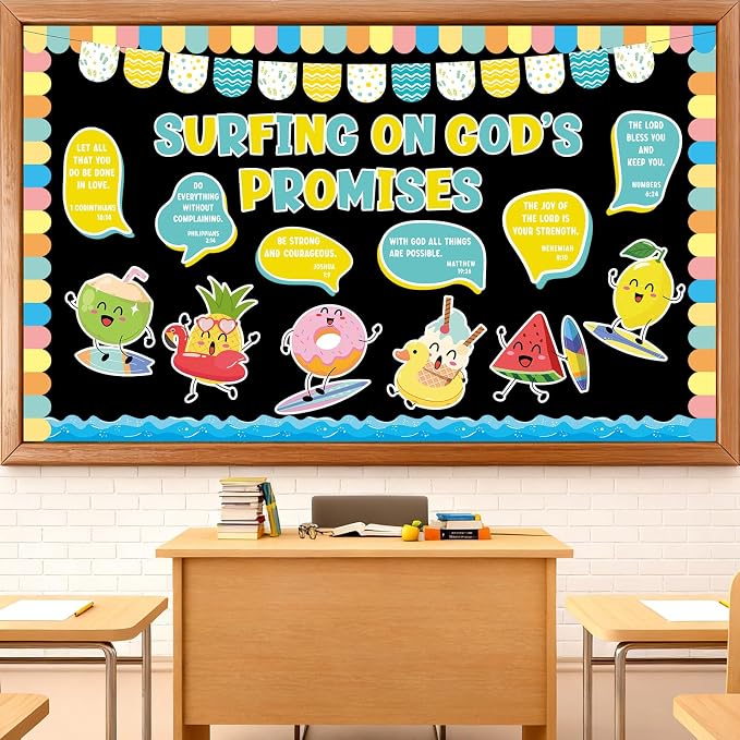 Christian Church Summer Bulletin Board Set Religious Sunday School Bulletin Board Decorations Motivational Tropical Fruit Paper Cutouts for Vacation Bible School Office Chalkboard Wall Door Decor