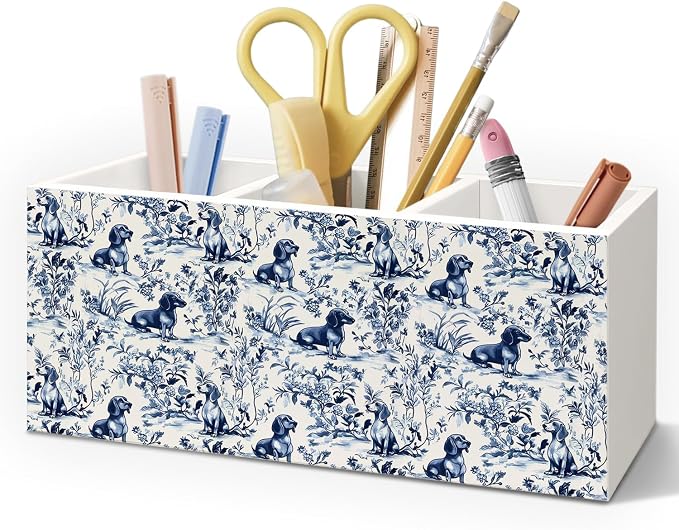 Chinoiserie Dachshund Pen Pencil Holder for Desk, Dachshund Lovers Gifts, Blue and White Wiener Dog Floral Botanical Decorative Sign for Home Office Desk Tabletop Decor
