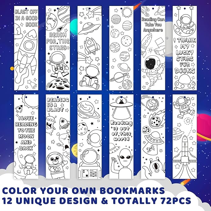 Haooryx Color Your Own Outer Space Bookmarks - 72Pcs Creative DIY Coloring Planet Rocket Spaceship Blank Book Marker for Reading Lovers Accessories Paint Paper Art Craft Space Party Supplies