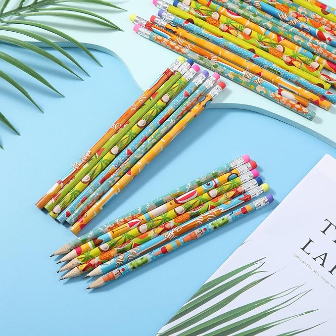 Fainne 144 Pcs Beach Themed Summer Pencils with Eraser Bulk Hawaiian Party Favors Cool Summer Novelty Fun Wooden Colorful Pencils for Class School Office Supplies Reward Prize Party Gifts, 6 Style
