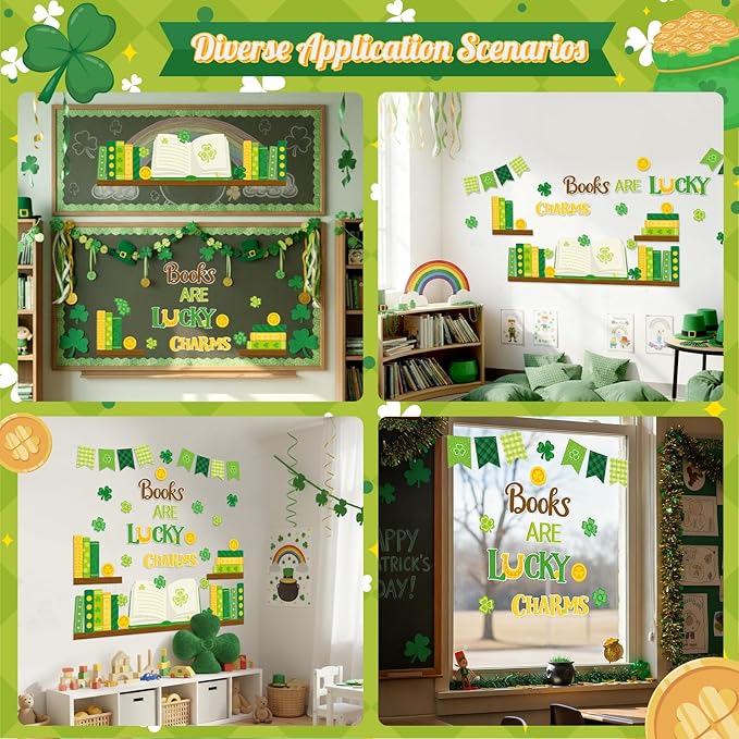 TICIAGA St.Patrick’s Day Book Learning Bulletin Board - 66Pcs Book are Lucky Charms Shamrock Bookshelf Cutout Border with Book Flag Banner for Irish School Library Classroom Chalkboard Wall Decoration
