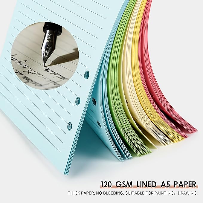 Lined Refill Paper, A5 Planner Inserts, Colorful Ruled Journal Fillers for 6-Ring Binder,5-color 120 GSM Thick Loose Leaf Paper,50 Sheets/100 Pages(50, A5（8.26x5.6in）)