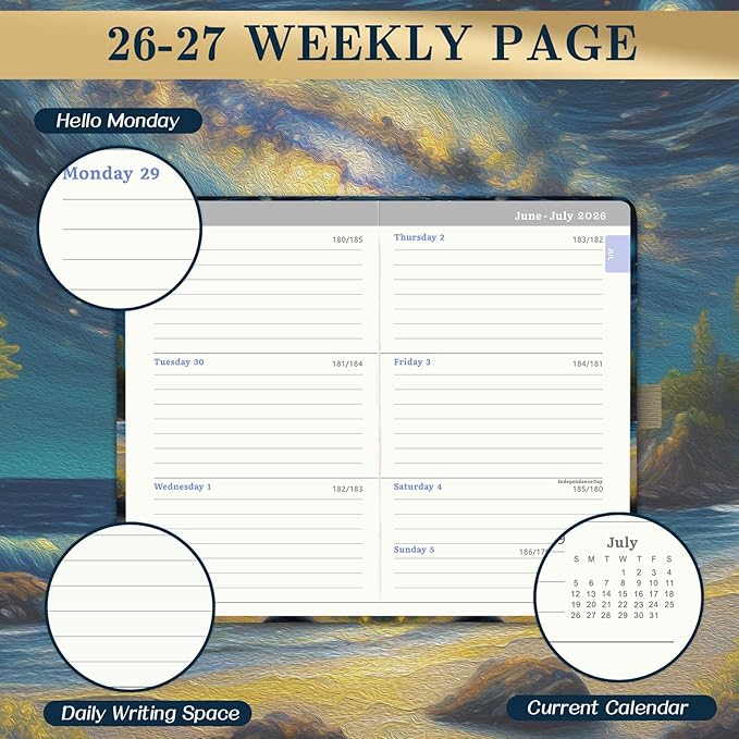 Pocket Calendar 2026-2027 - Pocket Planner 2026-2027 for Purse, Jul 2026 - Jun 2027, 6.4''×3.8'', 26-27 Planner Weekly and Monthly with Pen Loop, Back Pocket, Elastic Closure, Note Pages - Mountain and Sea