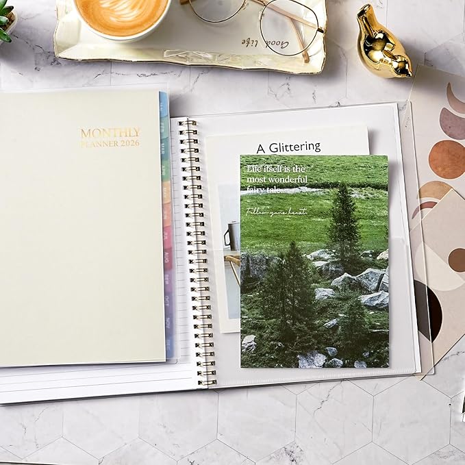 2026 Monthly Planner - Monthly Calendar 2026, 8'' x 10'', Transparent PP Cover, Colorful 12 Months Tabs, JAN 2026-DEC 2026, 2026 Calendar Planner with 2-Sides Pockets - Off white