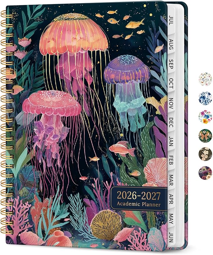 Planner 2026-2027, Academic Year Monthly and Weekly Calendar Planner, Jul 2026 - Jun 2027, Hardcover Teacher Student Planning Agenda book with Tabs, Perfect for School Office Supplies, 8.5" x 11" - Jellyfish